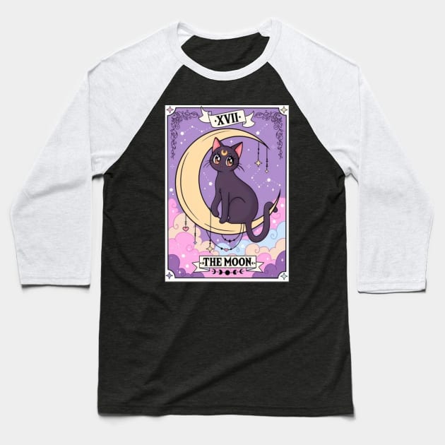 Japanese anime cat sitting on a crescent moon Baseball T-Shirt by LukjanovArt